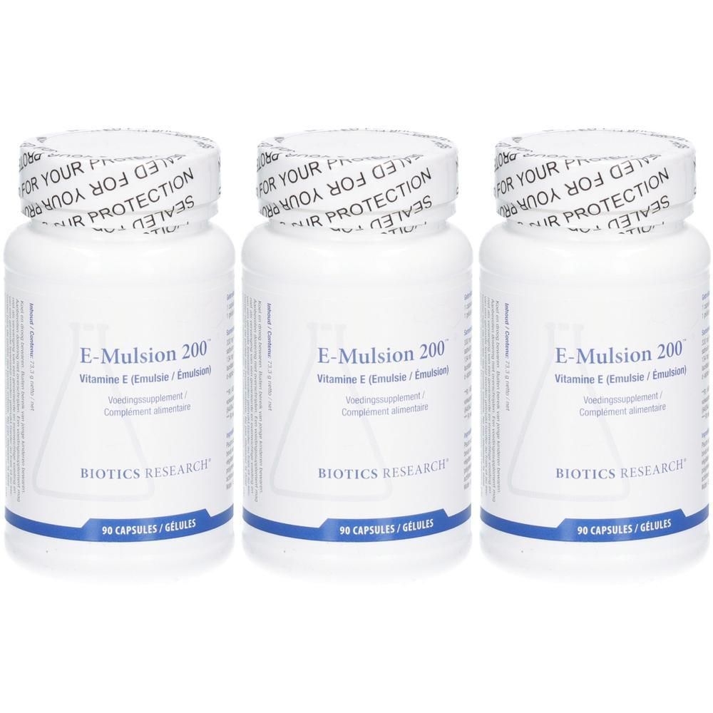 Drie flessen E-Mulsion 200 Vitamine E, 90 capsules.