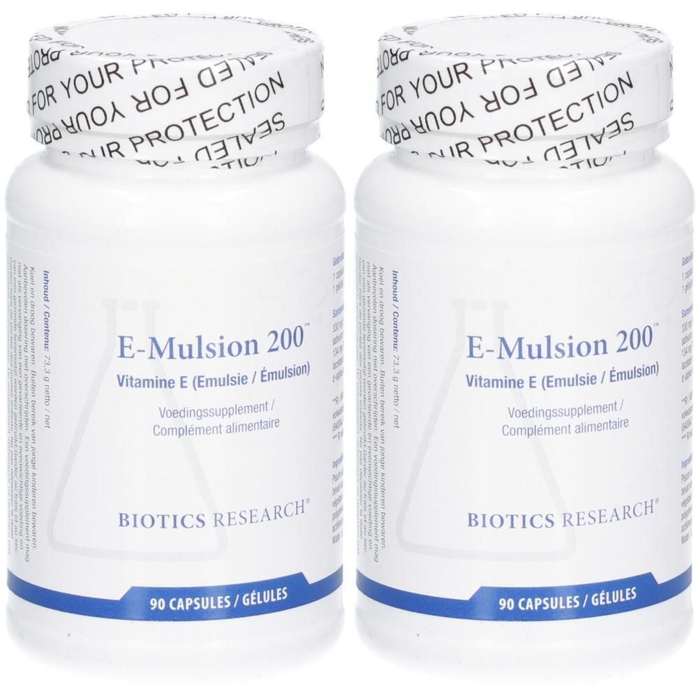 Deux flacons d'E-Mulsion 200 Vitamine E (Émulsion) de Biotics Research, 90 gélules chacun.