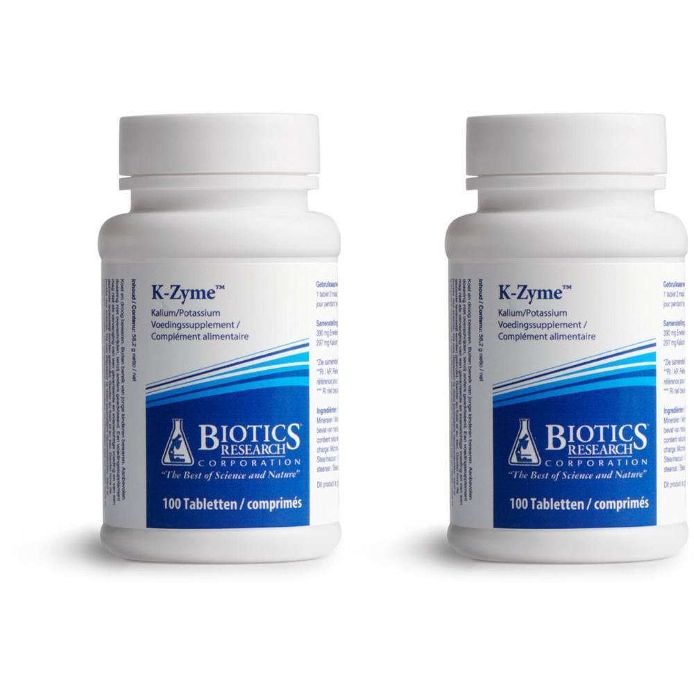 Twee flessen K-Zyme van Biotics Research, elk met 100 tabletten.