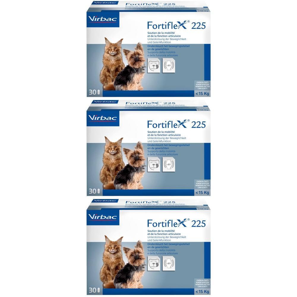 Trois boîtes de Virbac Fortiflex 225 mg pour chiens et chats. Chaque boîte contient 30 comprimés.