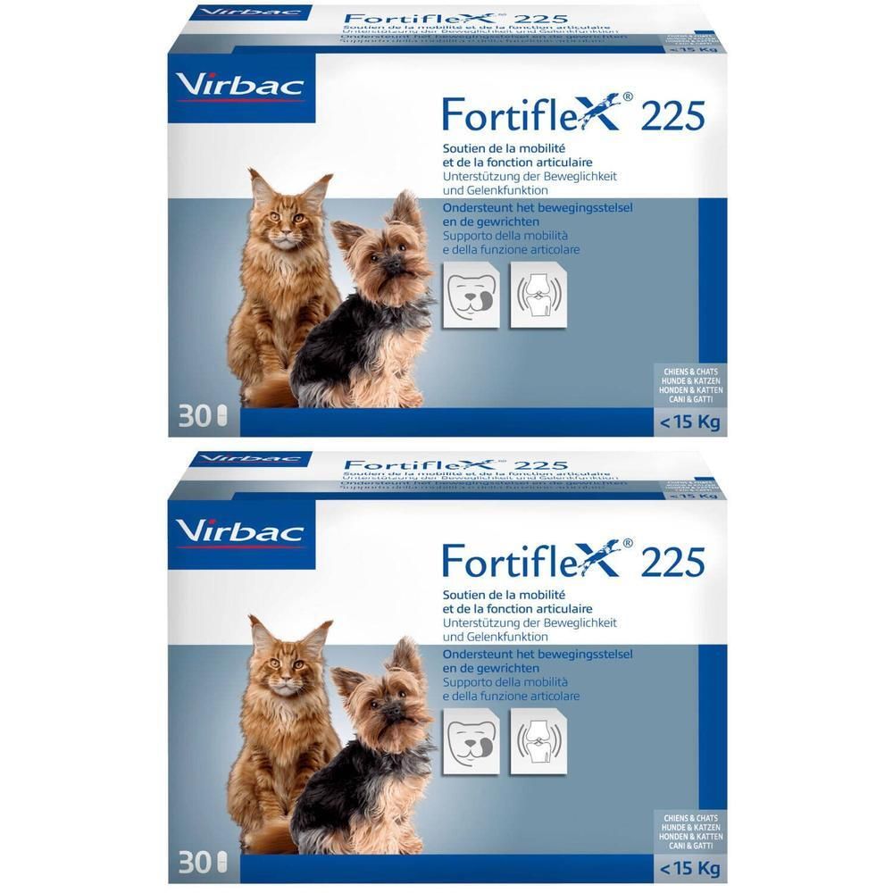 Deux boîtes de Virbac Fortiflex 225 mg pour chiens et chats de moins de 15 kg.