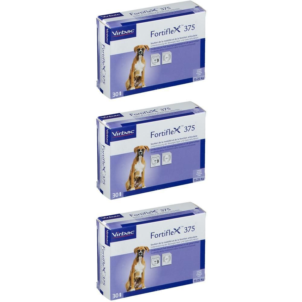 Trois boîtes de Virbac Fortiflex 375 mg avec image de chien.