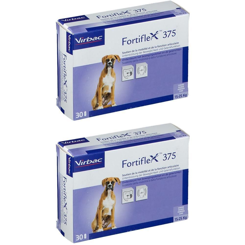 Twee verpakkingen Virbac Fortiflex 375 mg voor honden, gewrichtsondersteuning. Bevat 30 tabletten.