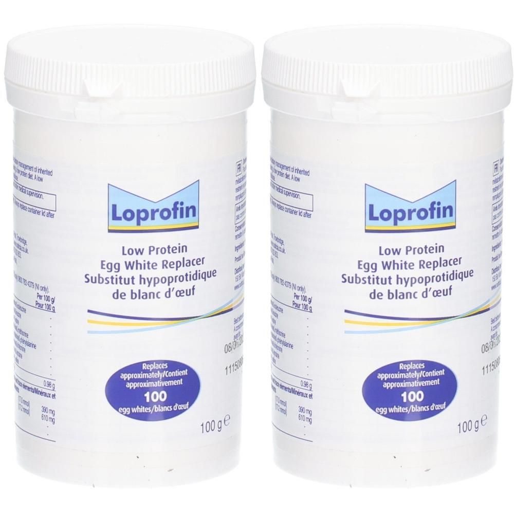 Deux pots de poudre substitut de blanc d'œuf Loprofin, 100g.