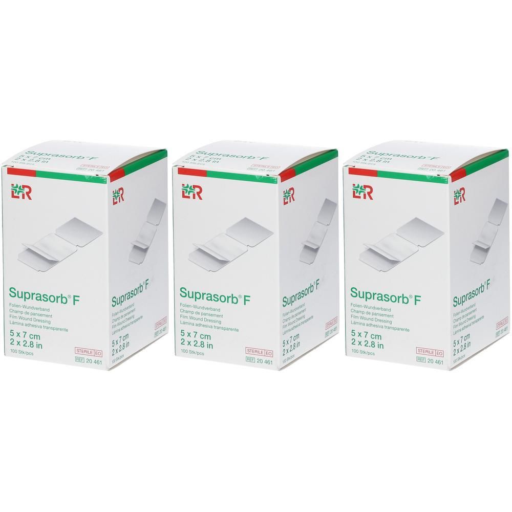 Drie dozen Suprasorb F wondverbanden, 5x7 cm.