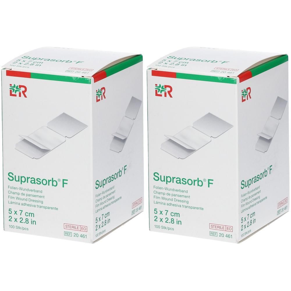 Twee pakken Suprasorb F folieverband, 5x7 cm. Steriel.