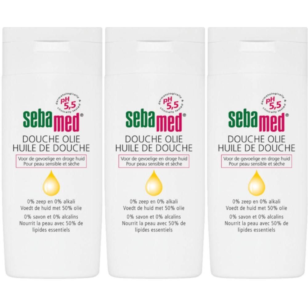 Trois flacons d'huile de douche Sebamed pH 5,5, enrichis de 50% de lipides.