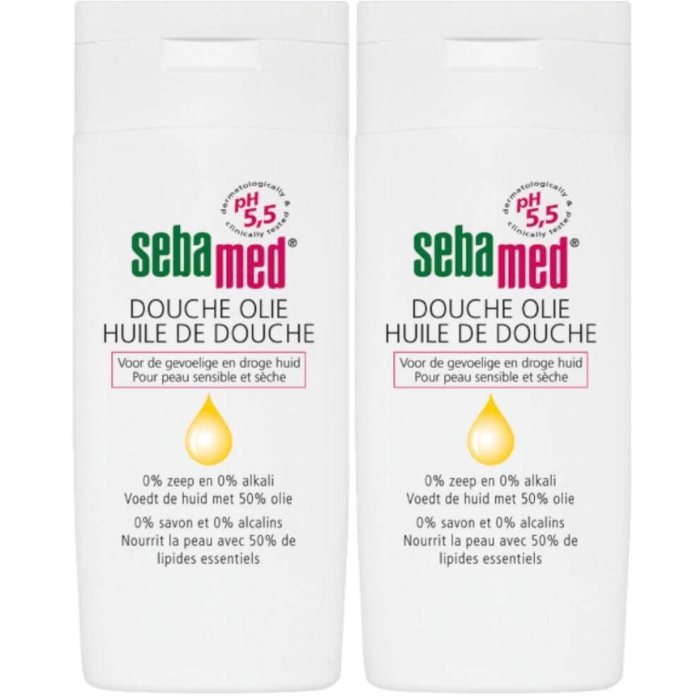 Deux flacons d'huile de douche Sebamed pH 5,5, 50% lipides. Pour peaux sensibles et sèches.