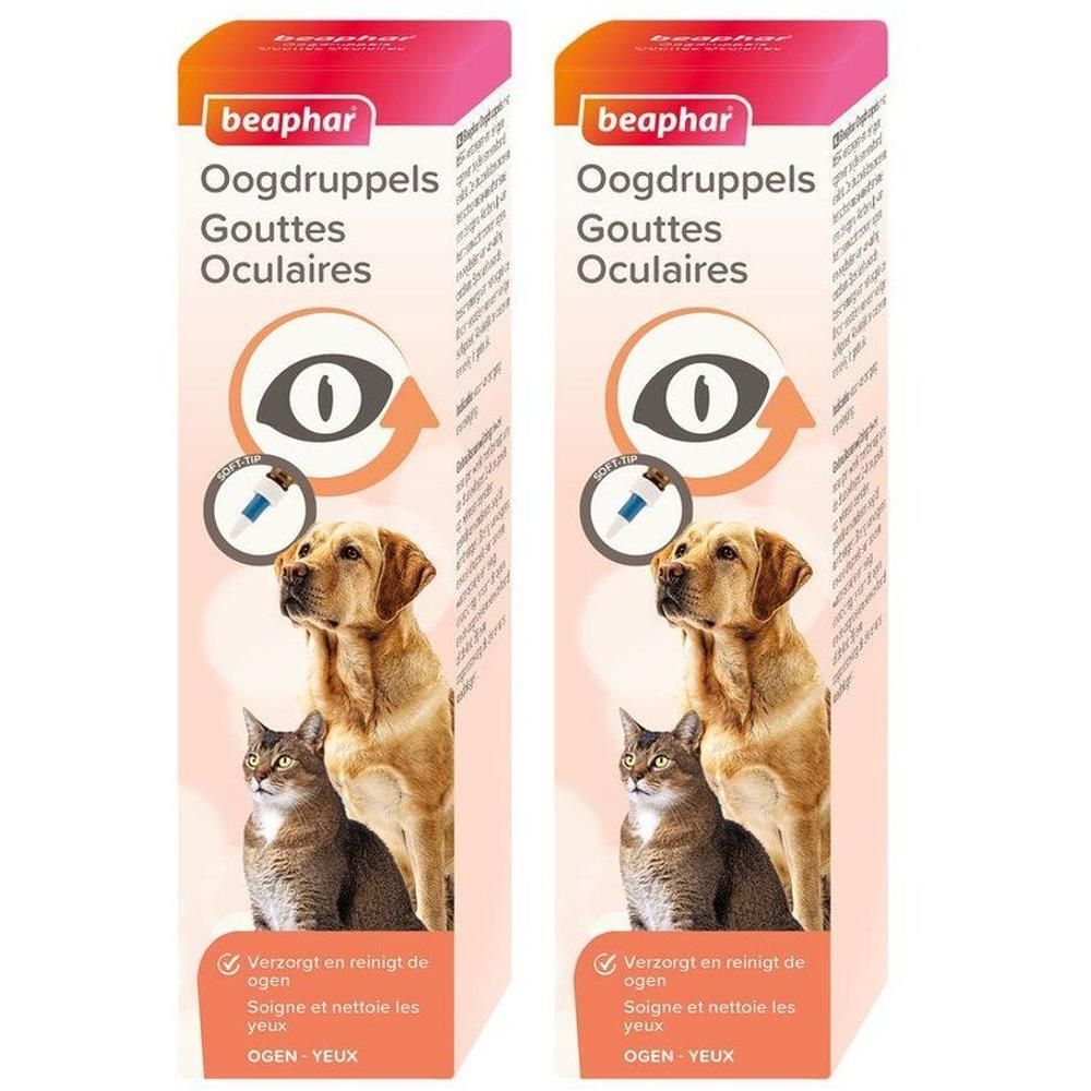 Gouttes oculaires Beaphar pour chiens et chats. L'emballage montre un chien et un chat.