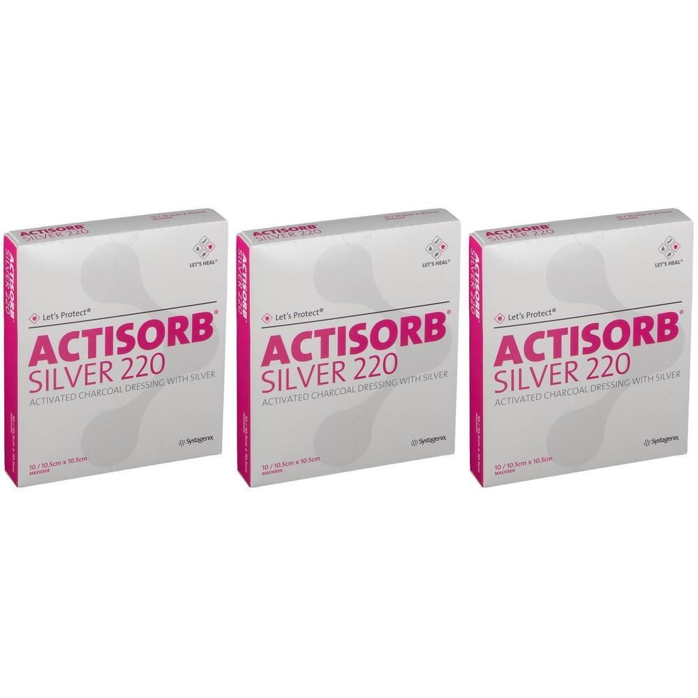 Trois boîtes d'Actisorb Silver 220, pansement au charbon actif avec argent.