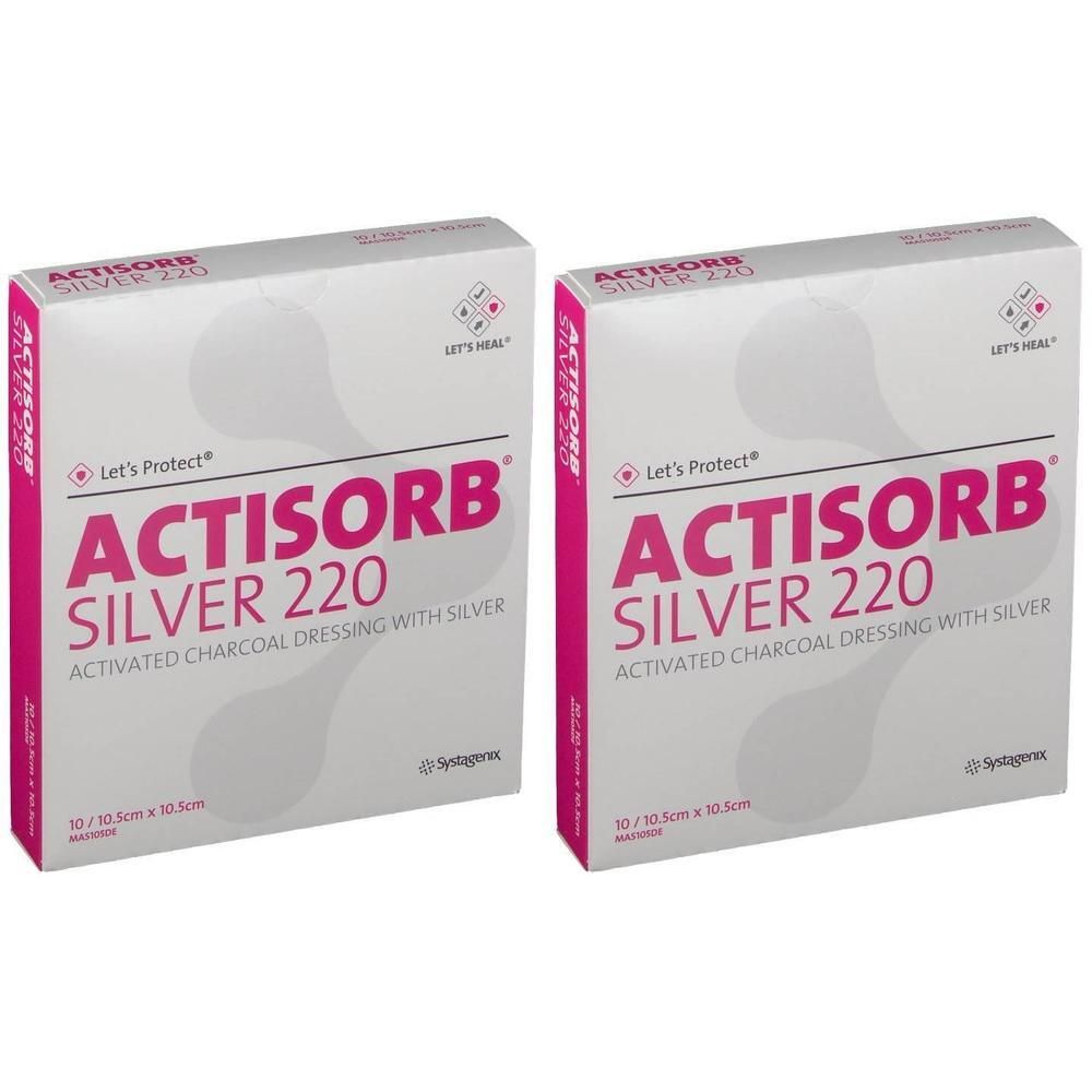 Deux paquets d'Actisorb Silver 220, pansement au charbon actif avec argent.