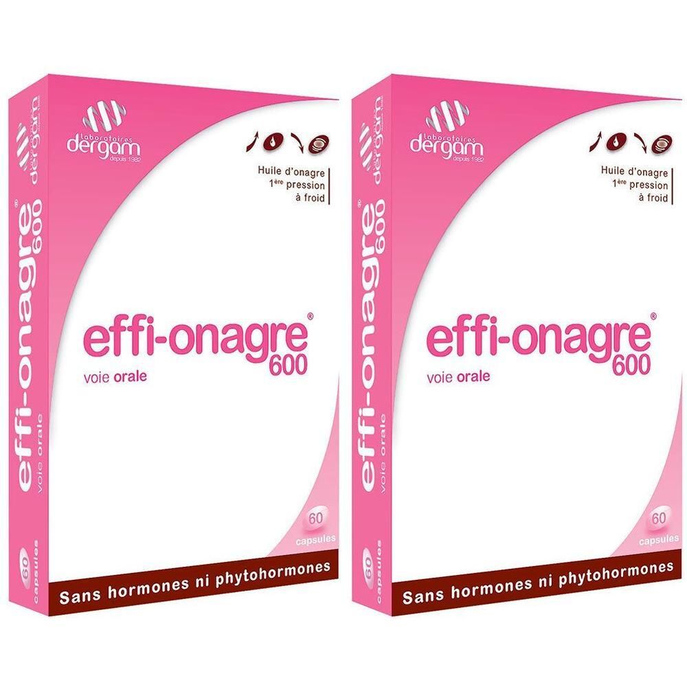 Deux boîtes de 60 capsules Effi-Onagre. Face avant avec nom du produit et logo.