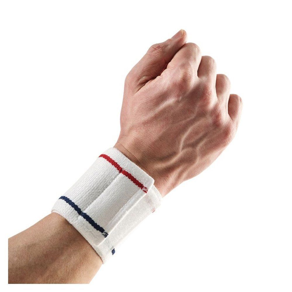Bandage de poignet blanche avec rayures rouges et bleues et fermeture velcro.