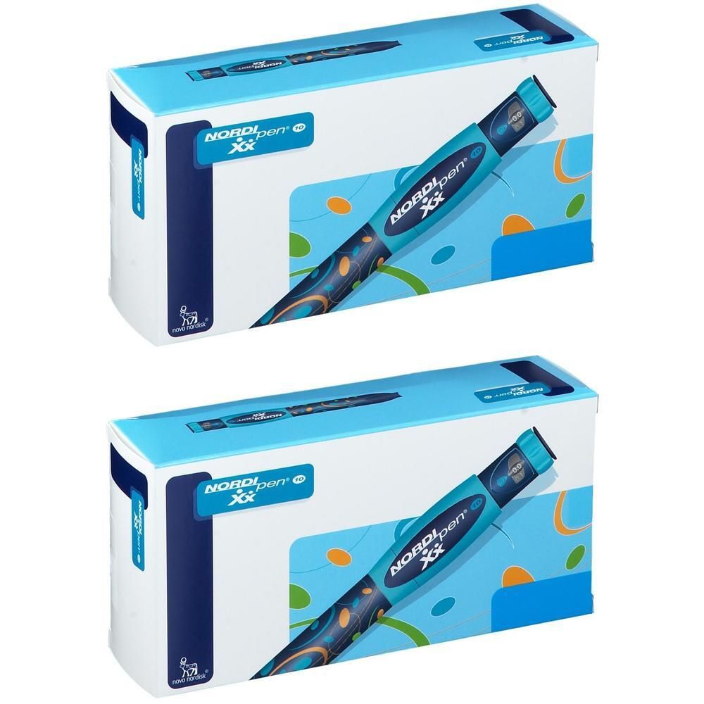 Twee verpakkingen NordiPen® XX met blauwe en oranje accenten. Een pen is op elke verpakking afgebeeld.