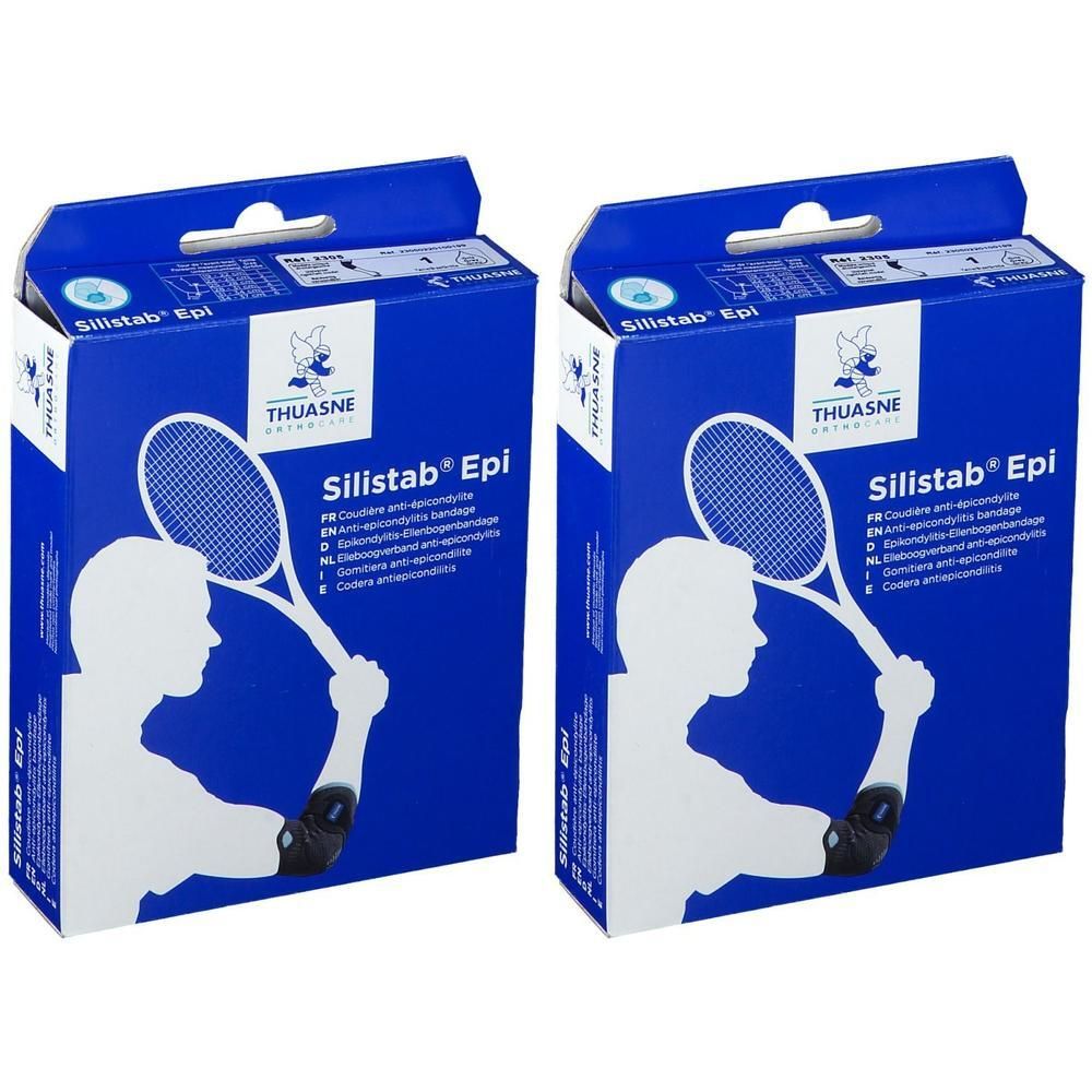 Deux boîtes de coudière Thuasne Silistab Epi. Boîtes bleues avec silhouette blanche d'un joueur de tennis.