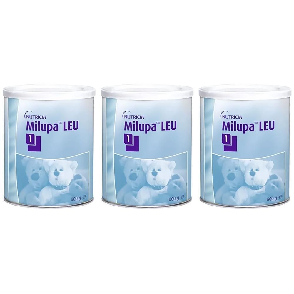 Drie Milupa LEU 1 blikken met teddybeer-afbeelding en 500g vermelding.