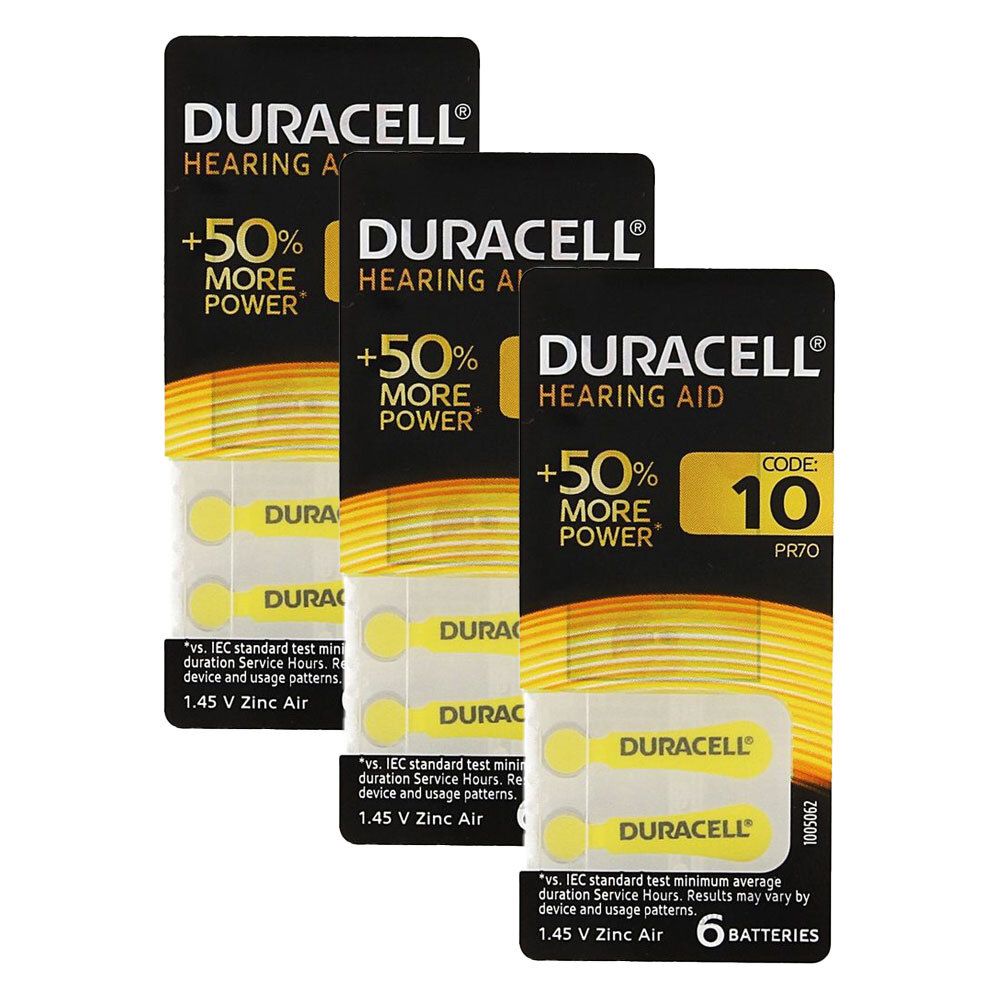 Trois paquets de piles auditives Duracell, type 10, avec +50% de puissance en plus. Piles jaunes.