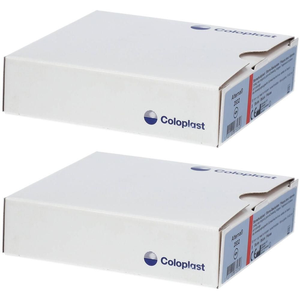 Twee Coloplast dozen met productinformatie aan de zijkant.