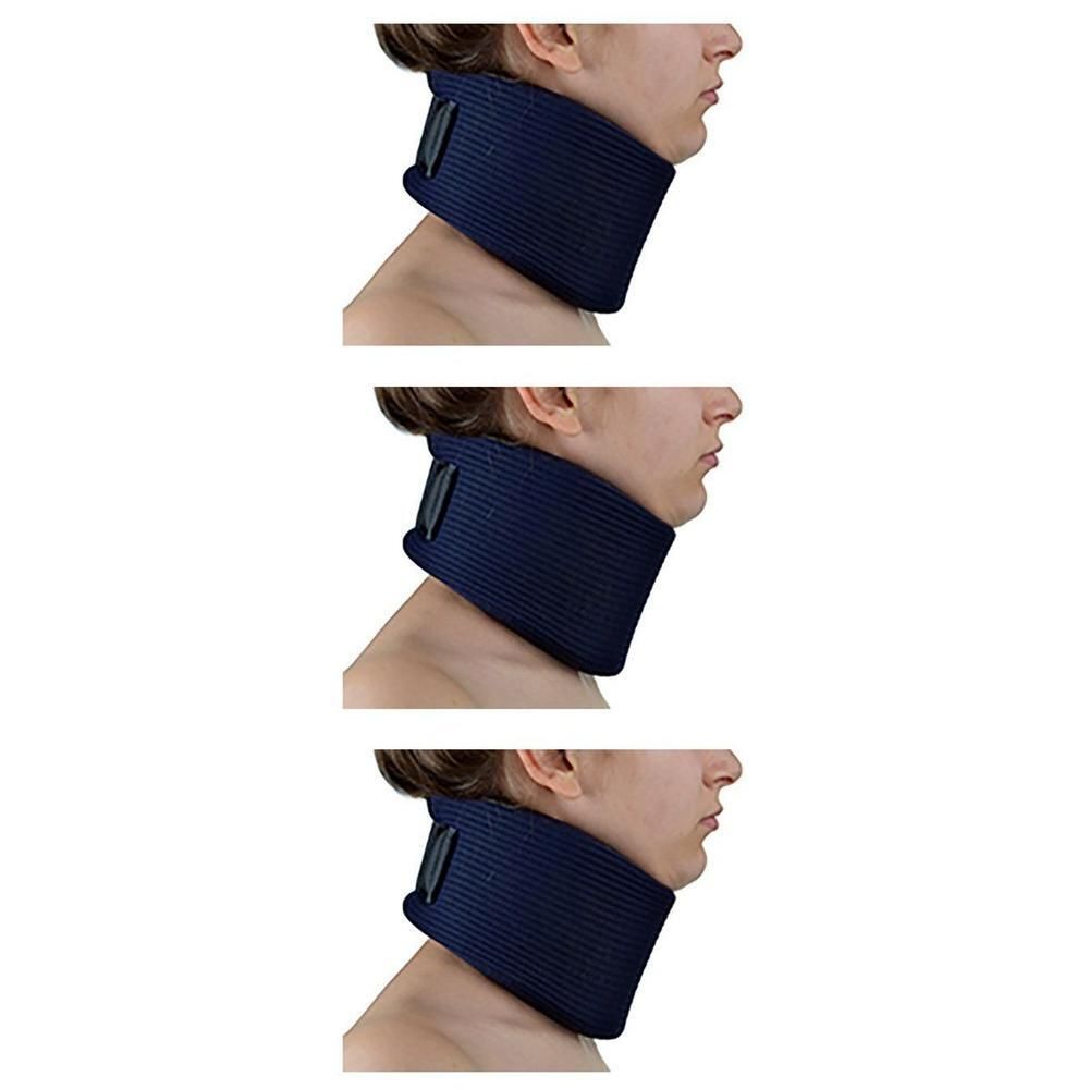 Drie weergaven van een blauwe nekkraag gedragen door een persoon.