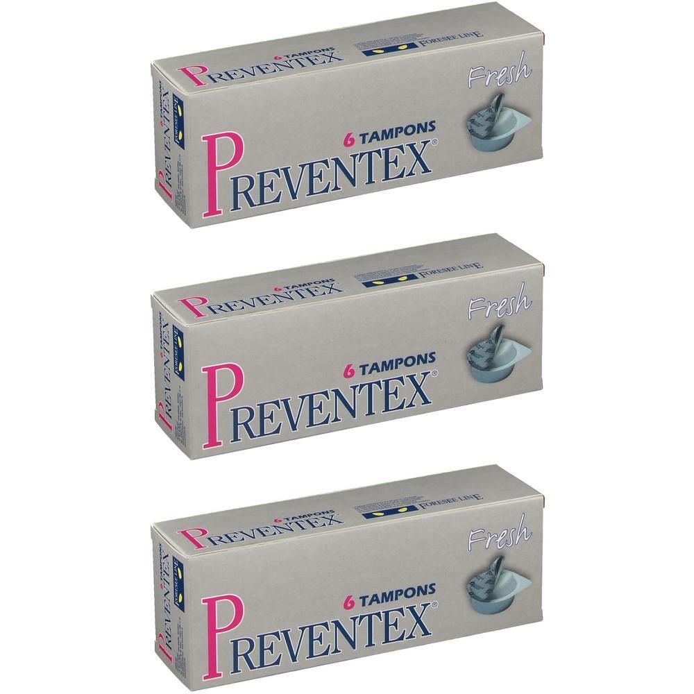 Drie dozen Preventex tampons, 6 stuks per doos. De verpakking is lichtgrijs met roze en blauwe belettering.