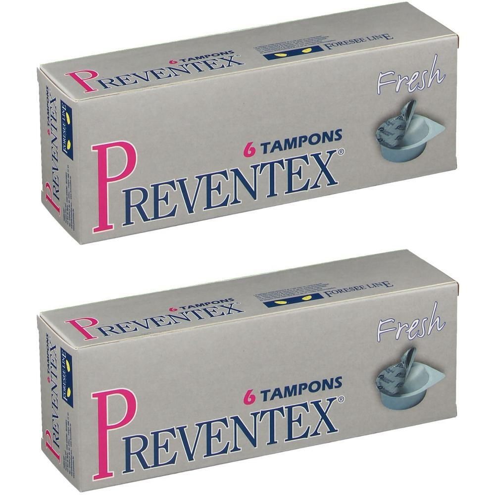 Twee pakken Preventex tampons, elk 6 stuks. "Fresh" variant.