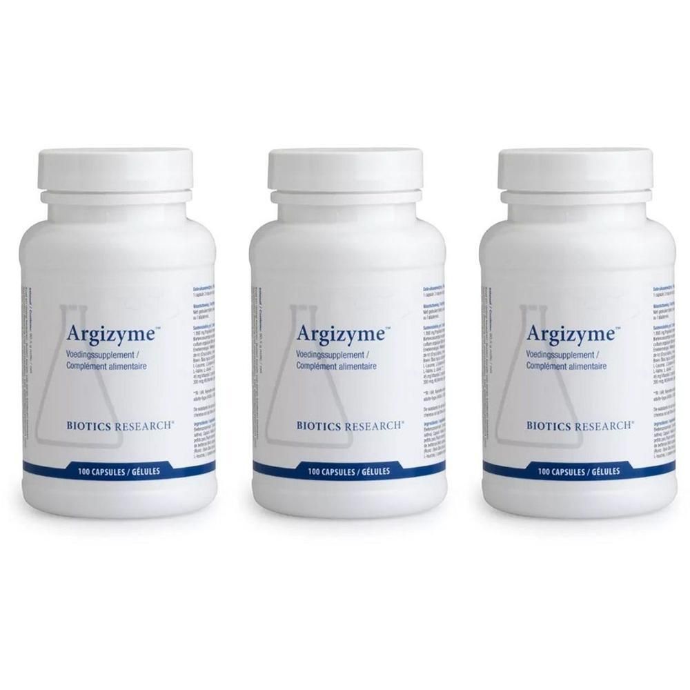 Drie witte containers met Argizyme-etiket en blauwe accenten, elk 100 capsules.