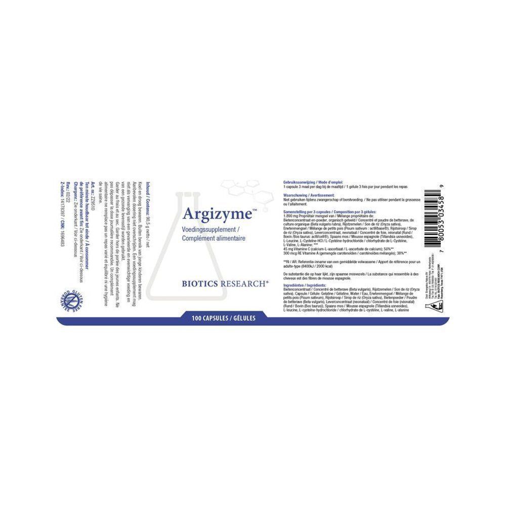 Een witte container met Argizyme-etiket, met voedingsinformatie en 100 capsules.