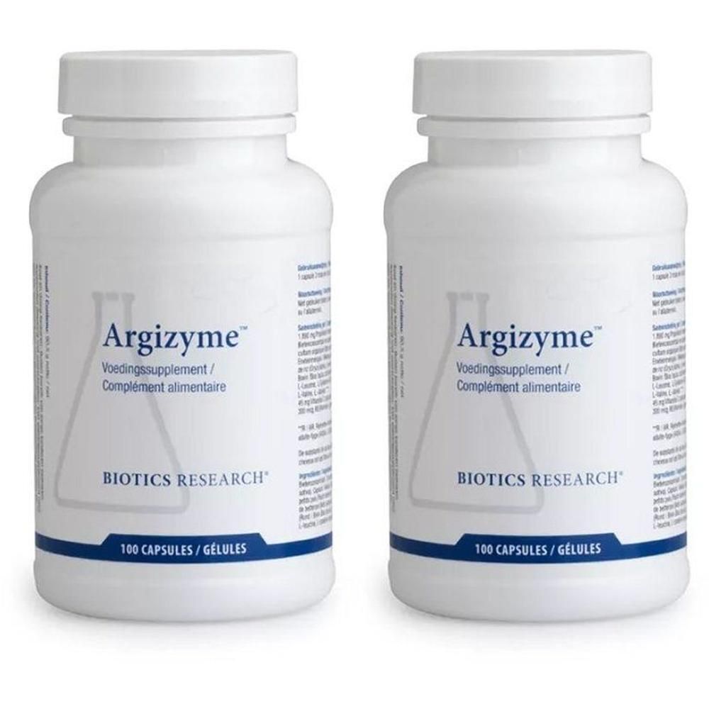 Deux flacons blancs d'Argizyme, complément alimentaire, 100 gélules.