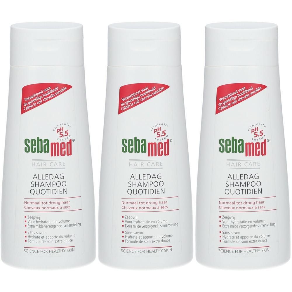 Trois flacons Sebamed de shampooing quotidien pour cheveux normaux à secs, pH 5.5.