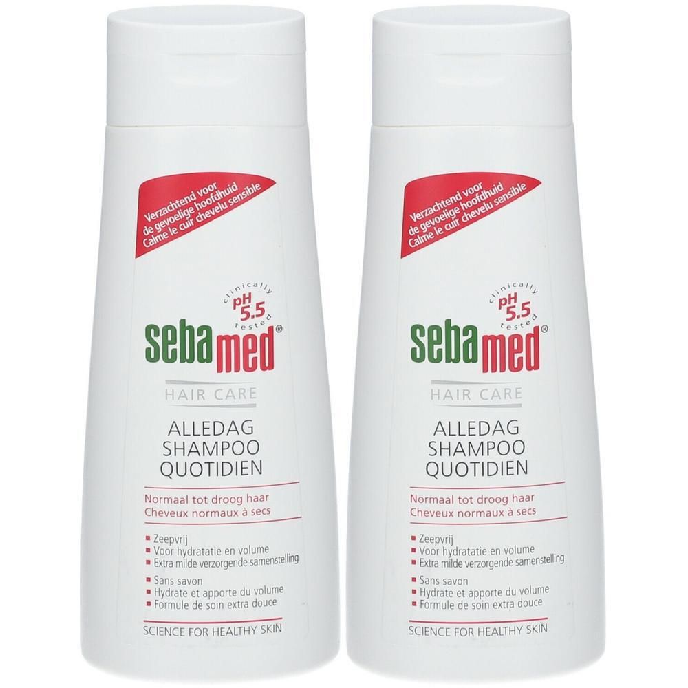 Twee Sebamed flessen met dagelijkse shampoo voor normaal tot droog haar. pH 5.5.
