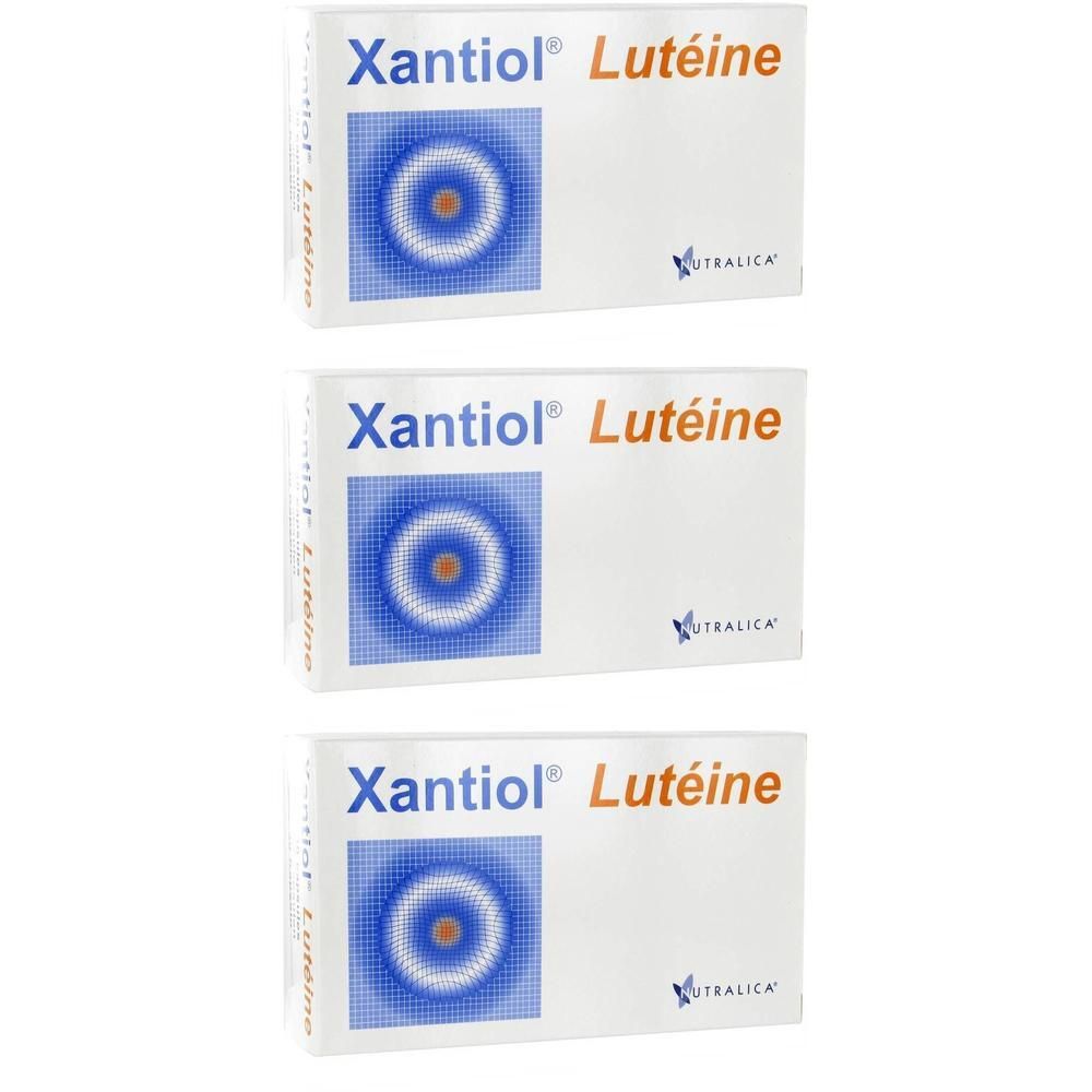 Trois boîtes de Xantiol Lutéine avec des cercles concentriques et le logo Nutralica.