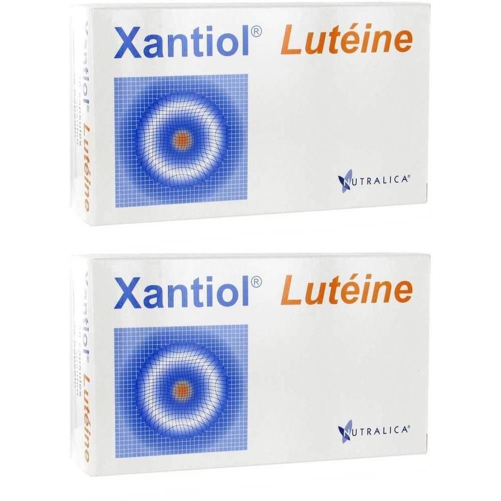 Deux boîtes de Xantiol Luteïne avec motif circulaire et logo.
