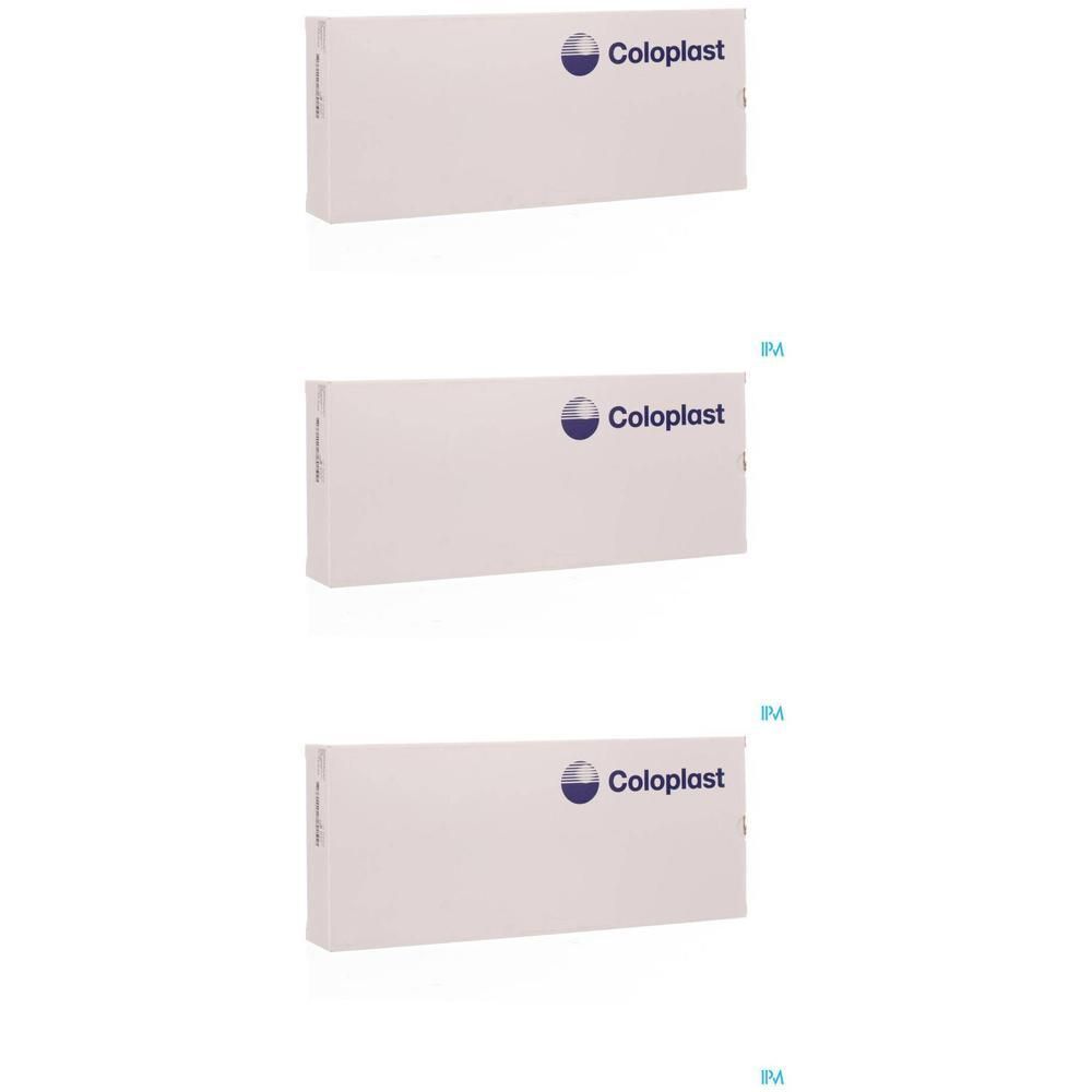 Trois paquets de produits Coloplast, blancs avec logo bleu.