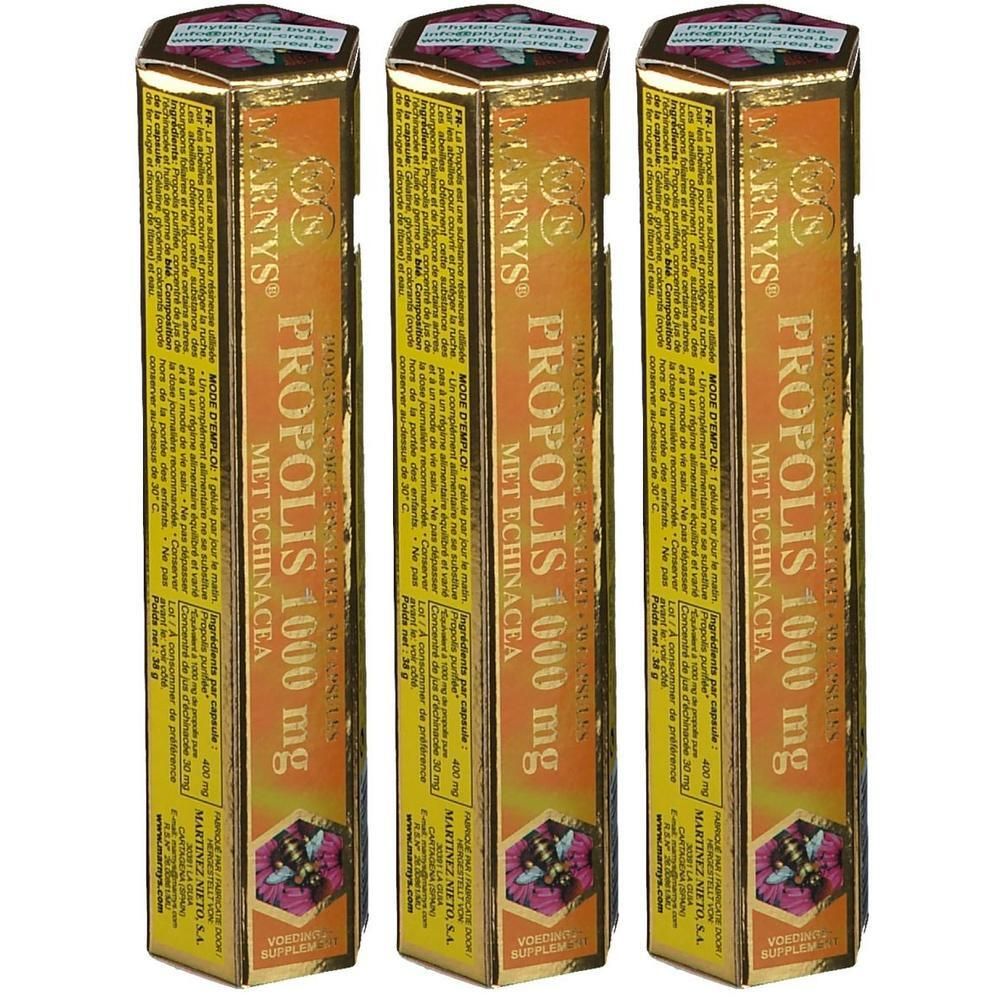 Trois boîtes de Marnys Propolis Echinacea 1000 mg avec motif abeille.
