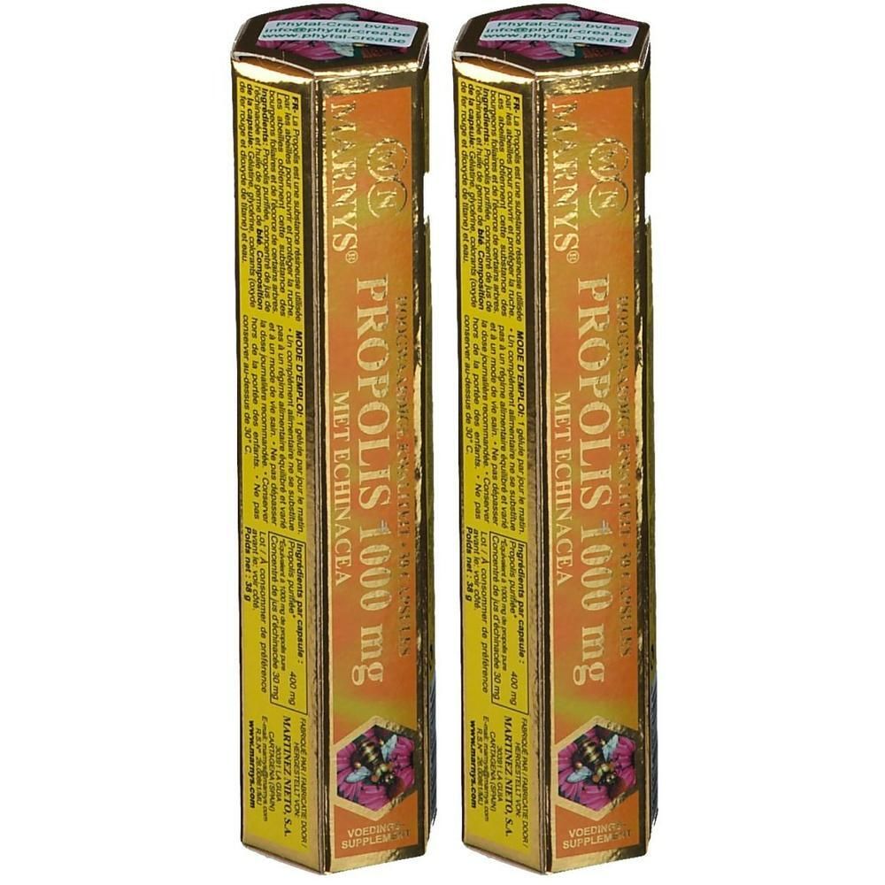 Deux boîtes de Marnys Propolis Echinacea 1000 mg. Emballage doré avec motif d'abeille.