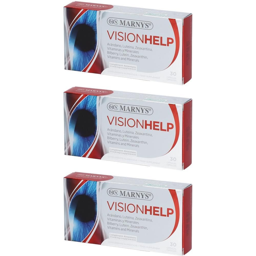 Trois boîtes de Marnys Vision Help avec motif oculaire et informations produit.