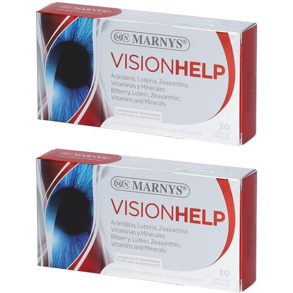 Twee dozen Marnys Vision Help met oogafbeelding en 30 capsules per doos.