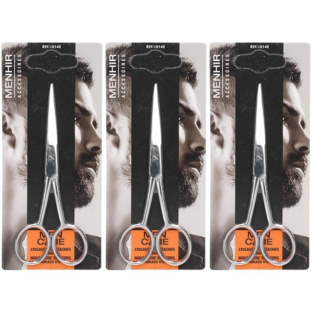 Trois paires de ciseaux à moustache en acier inoxydable, emballées avec un design de visage d'homme.