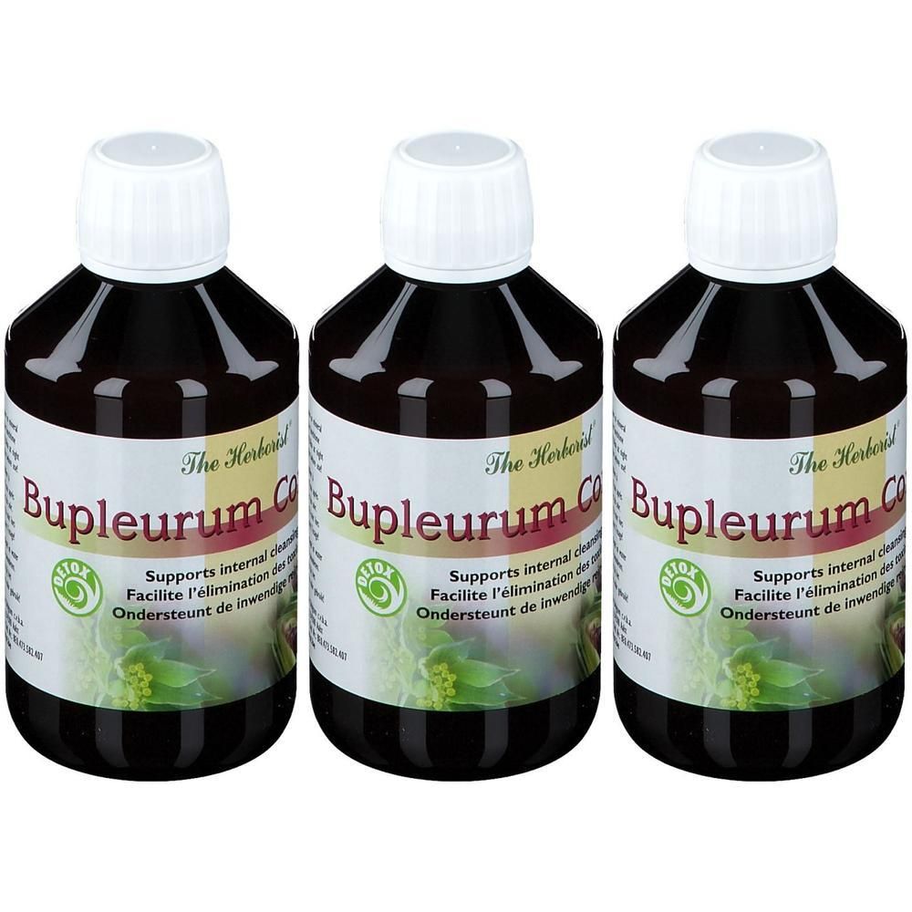 Trois bouteilles de Herborist Bupleurum Complex avec bouchons blancs. Liquide foncé visible.