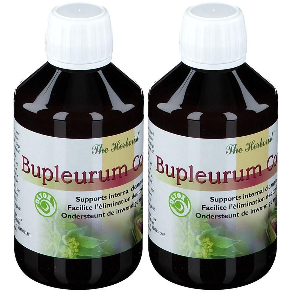 Deux bouteilles en verre foncé avec bouchon blanc, contenant un liquide brun. Étiquettes "Bupleurum Co.".