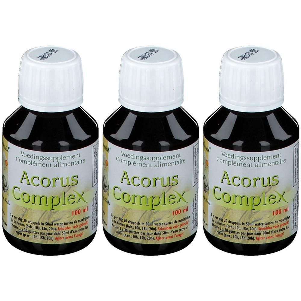Drie flessen Acorus Complex voedingssupplement, elk 100 ml.