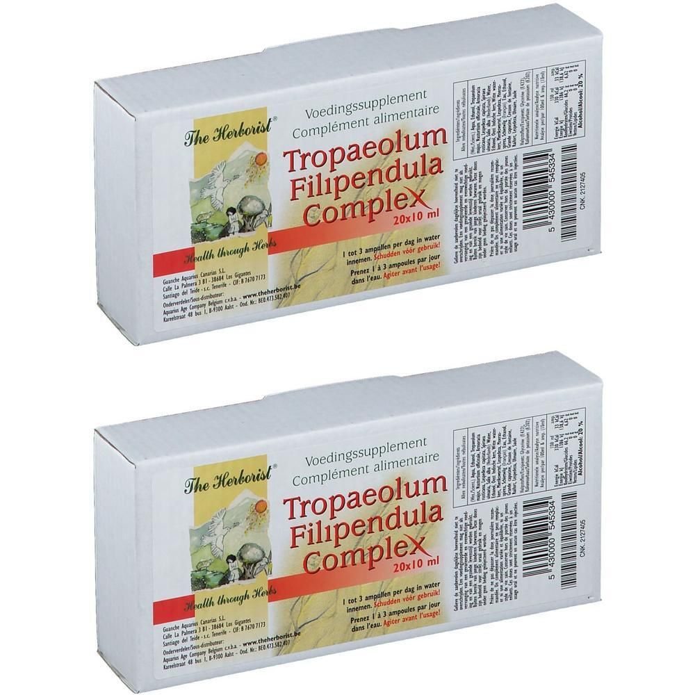 Deux boîtes de Herborist Tropaeolum Filipendula Complex, chacune contenant 20 ampoules de 10 ml.
