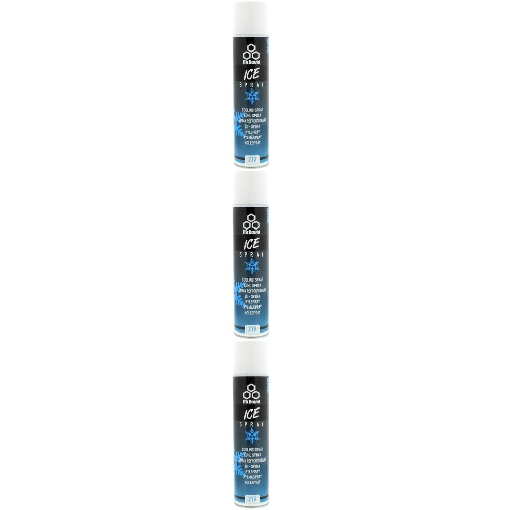 Trois aérosols marqués "ICE SPRAY". Graphique bleu de cristaux de glace.