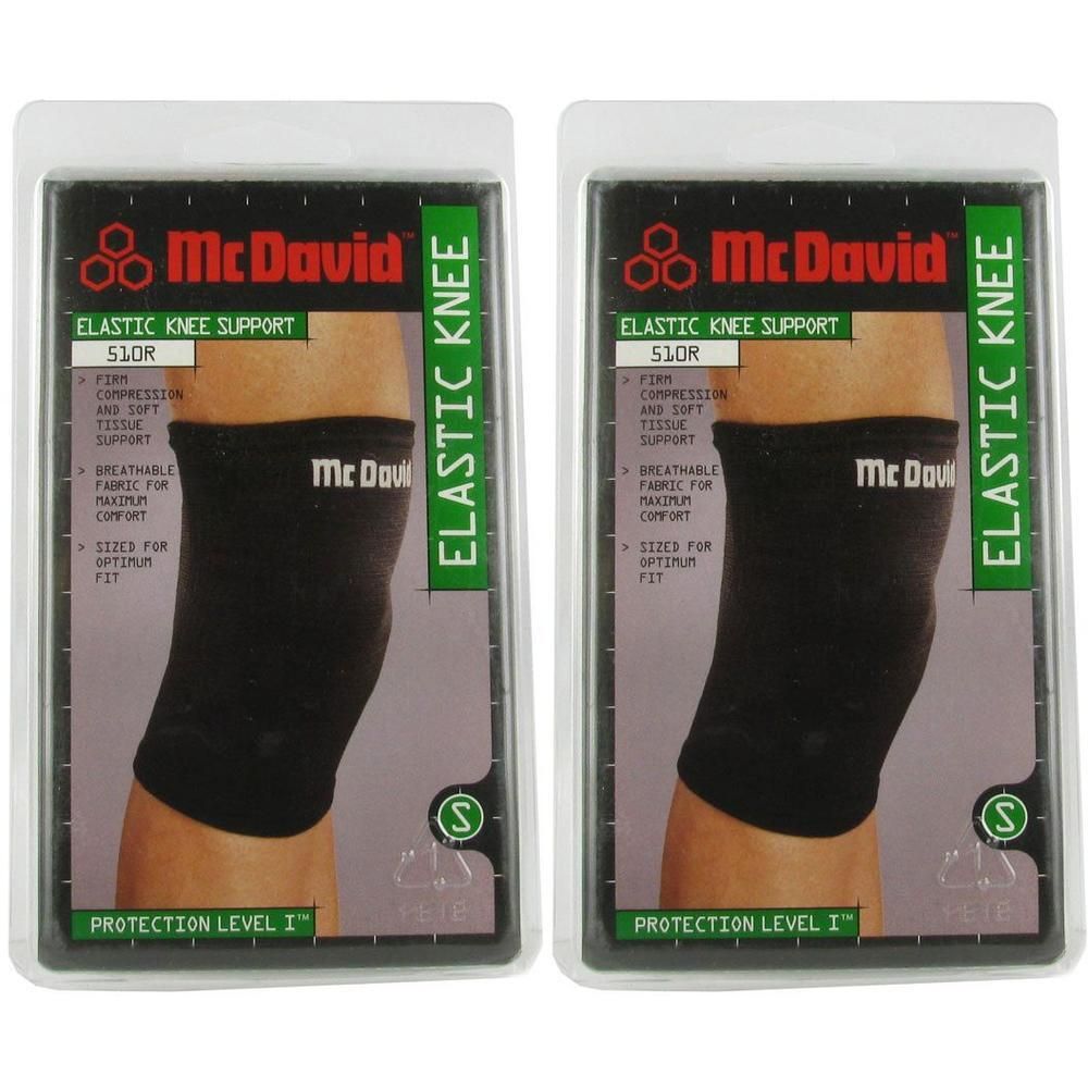 Twee McDavid 510R elastische kniebeschermers zwart, maat S, in blisterverpakking.
