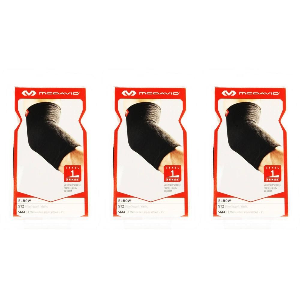 Drie McDavid zwarte elleboogbandages, maat S, met rood logo en Level 1 aanduiding.