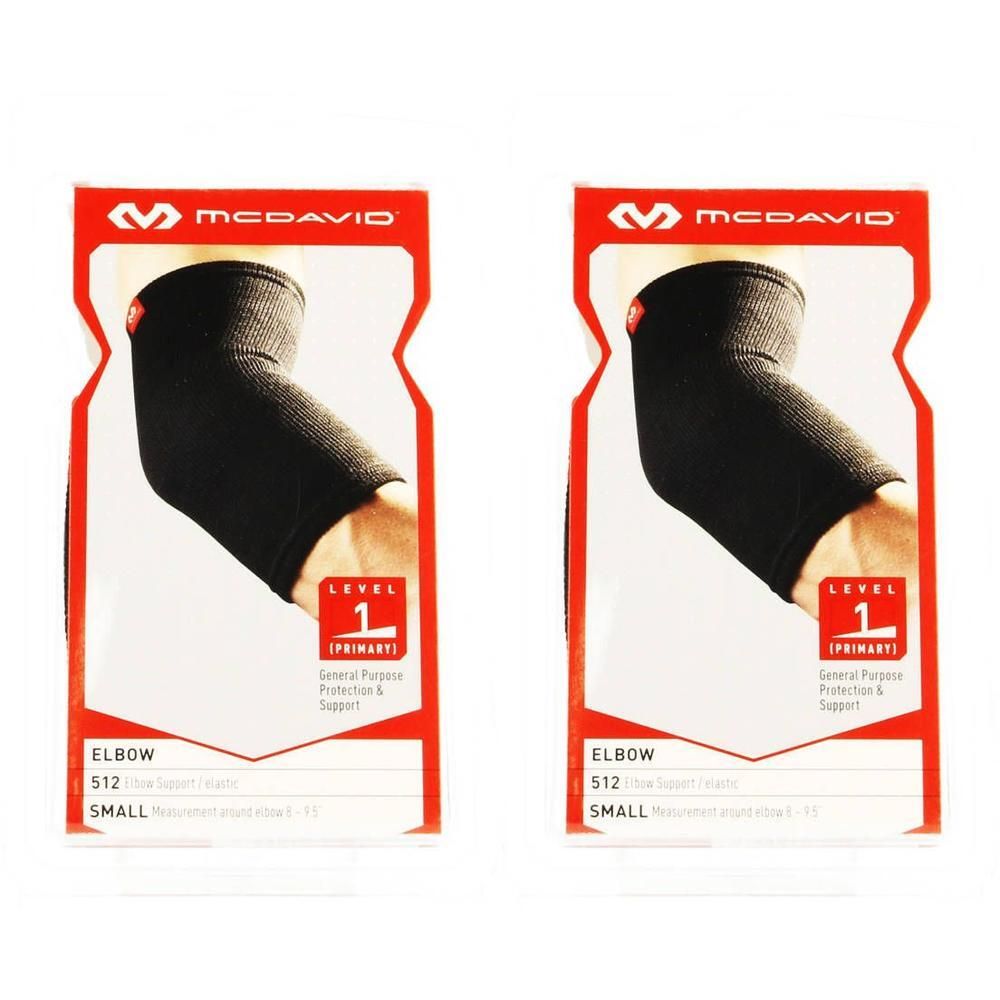 Twee McDavid elleboogbraces in zwart, maat S, met "Level 1" aanduiding voor algemene bescherming.