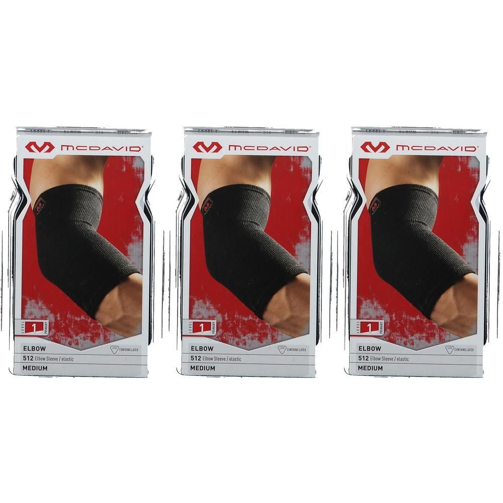 Drie McDavid 512 dubbele elastische elleboogbraces in zwart, maat M, op verpakkingen.