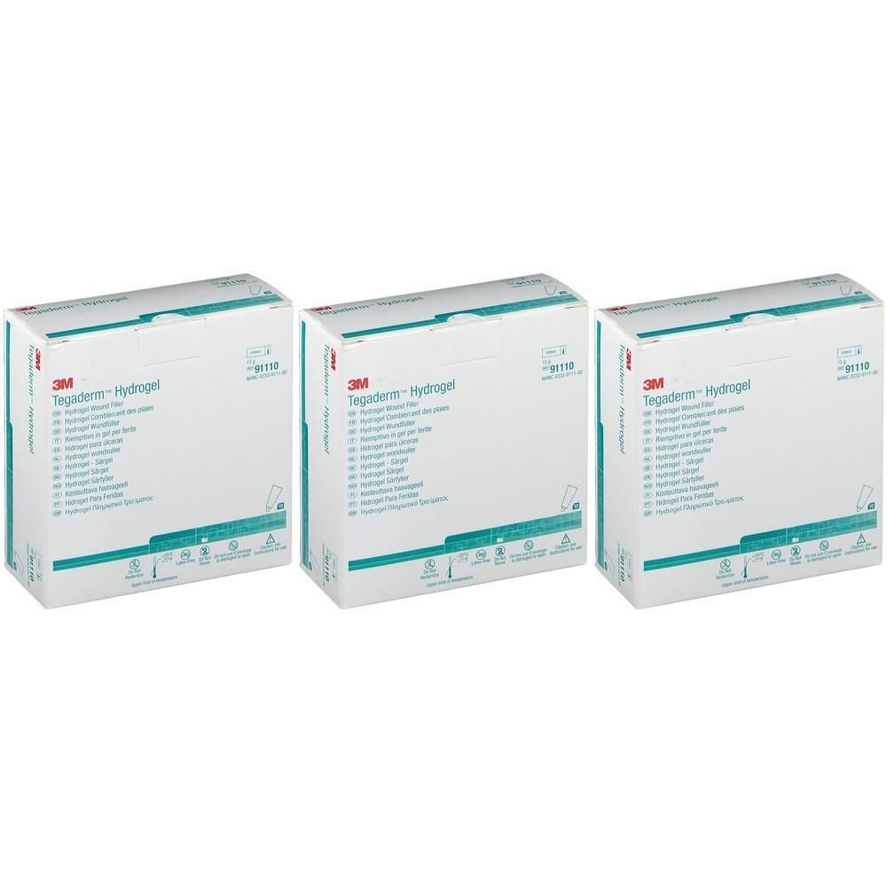 Trois boîtes de 3M Tegaderm Hydrogel. Boîtes blanches avec informations produit et logo.