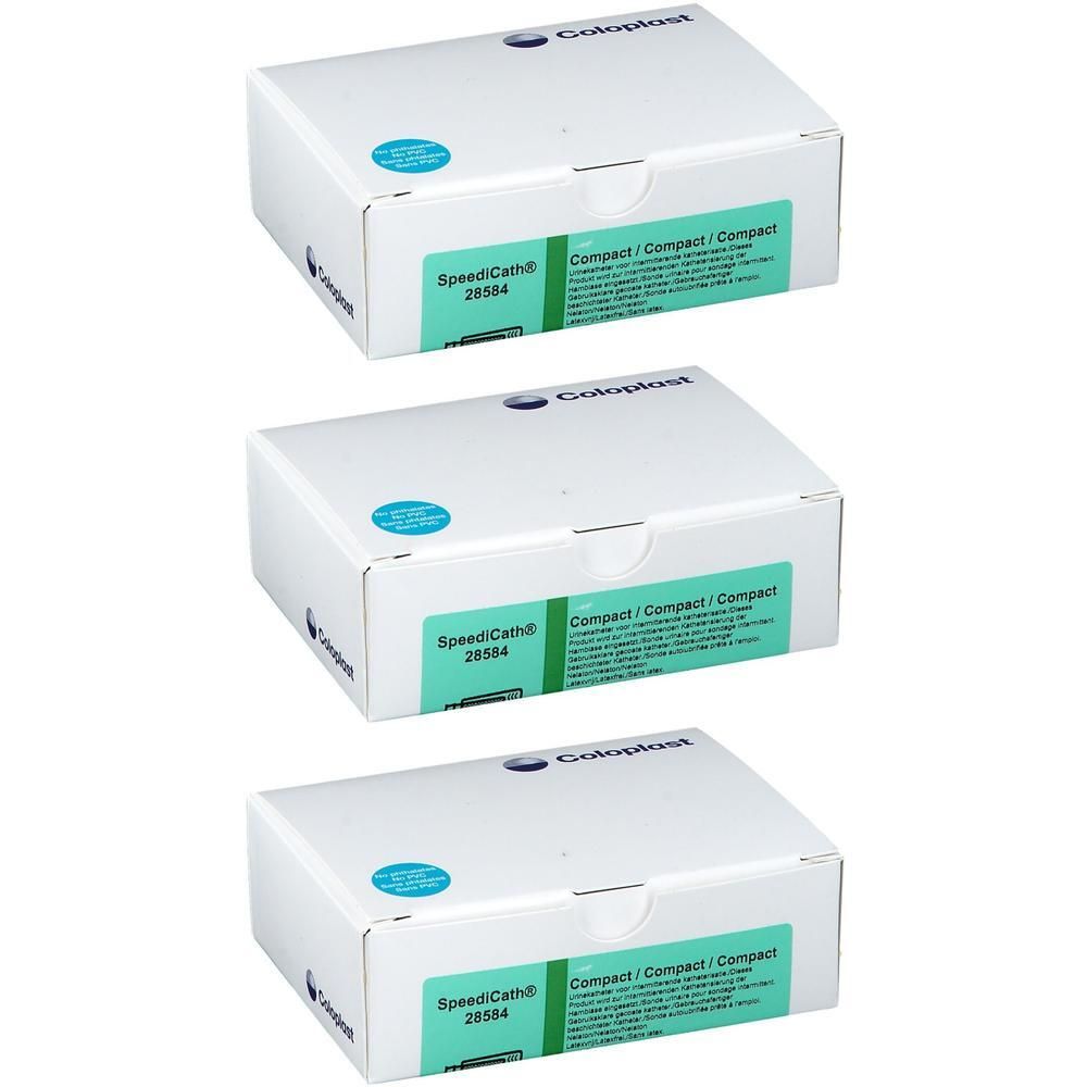 Trois boîtes de cathéters SpeediCath Compact. Logo Coloplast et informations produit sur le devant.