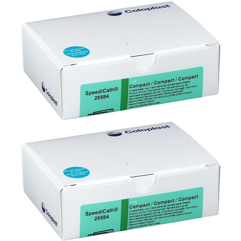 Deux boîtes de cathéters compacts Coloplast SpeediCath 28584.